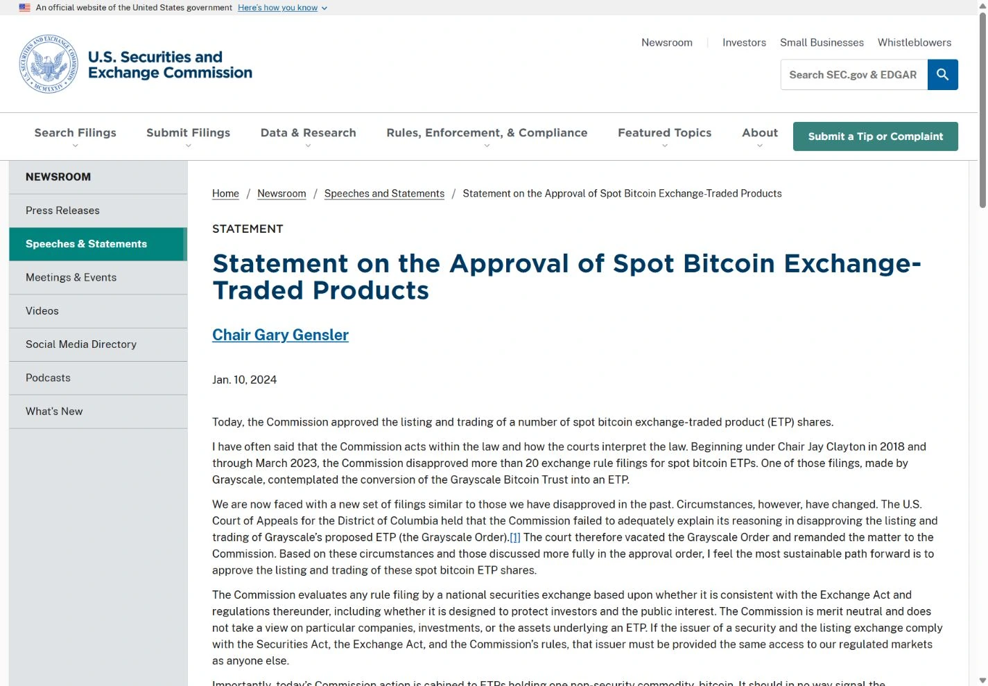 SEC statement dated January 10 2024 confirming approval of spot bitcoin exchange-traded products