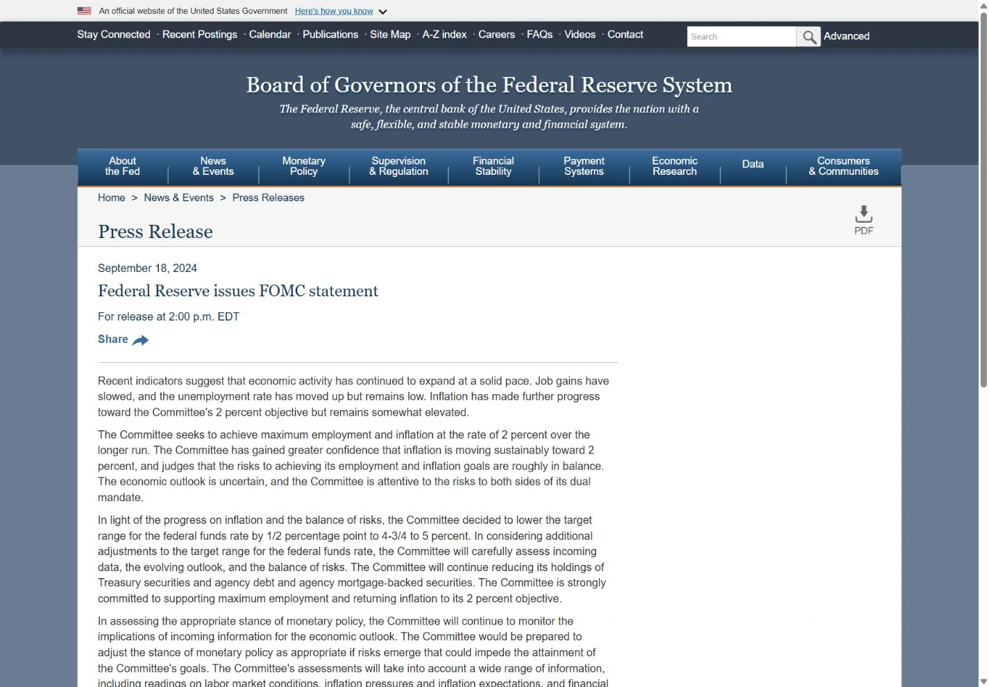 Federal Reserve FOMC statement dated September 18 2024 with the release time and rate decision