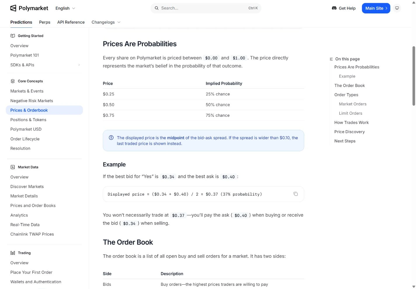 Polymarket documentation showing how contract prices map to implied probability with a worked example