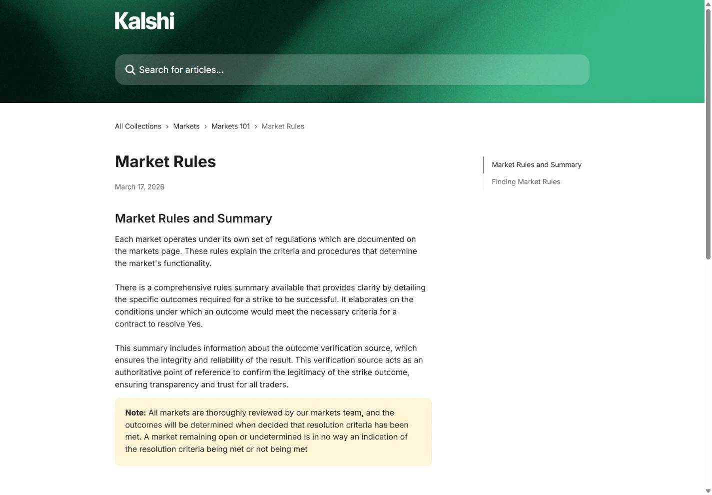 Kalshi Help Center article explaining the difference between market rules and the market summary