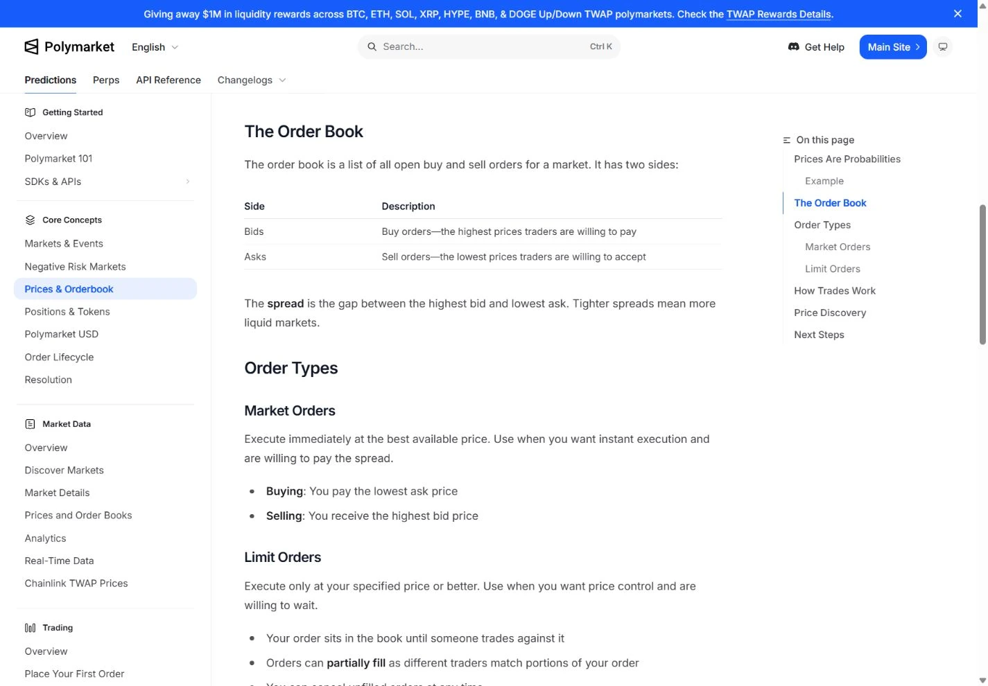 Polymarket documentation explaining bids, asks, market orders, limit orders, and order-book depth