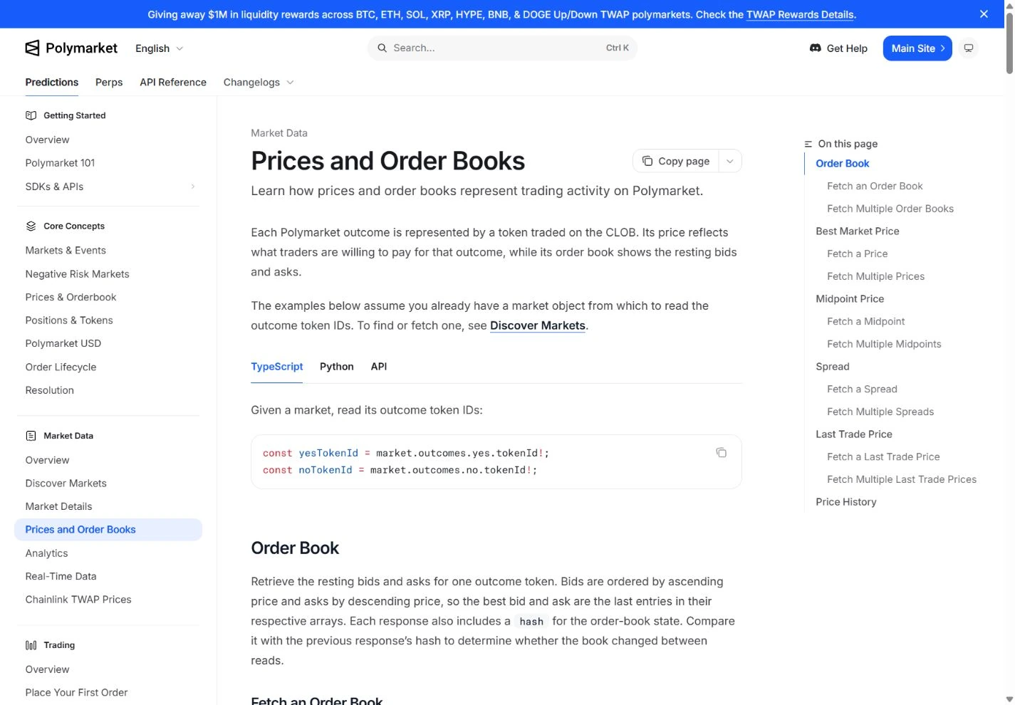 Polymarket documentation for retrieving current market prices and order books