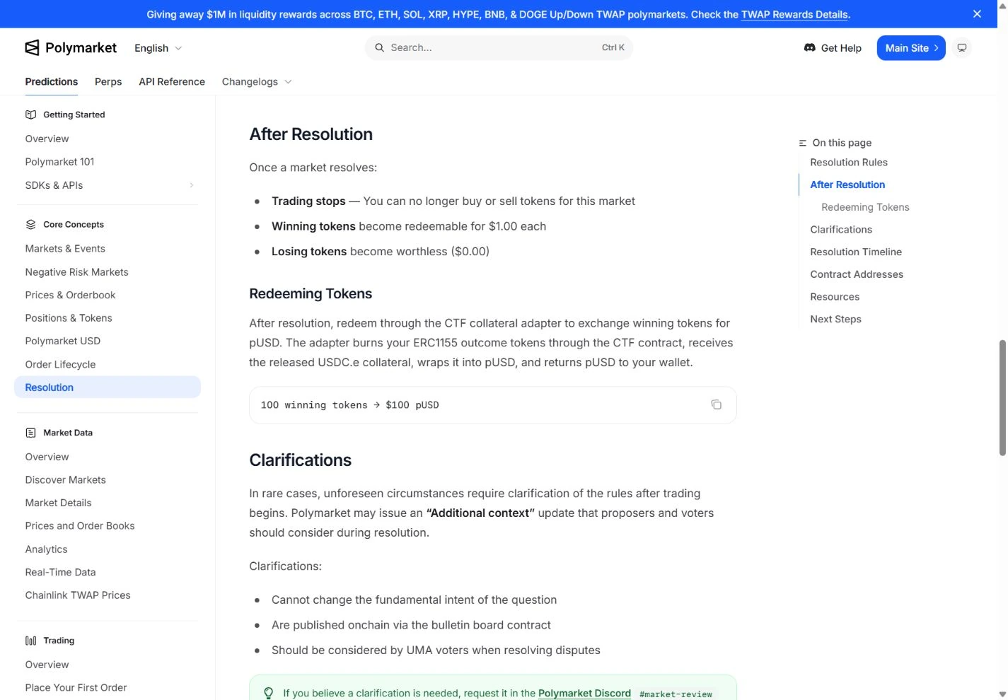 Polymarket documentation describing token redemption and clarification limits after resolution