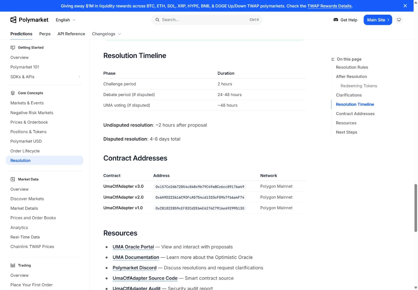 Polymarket documentation showing the UMA resolution timeline and contract addresses