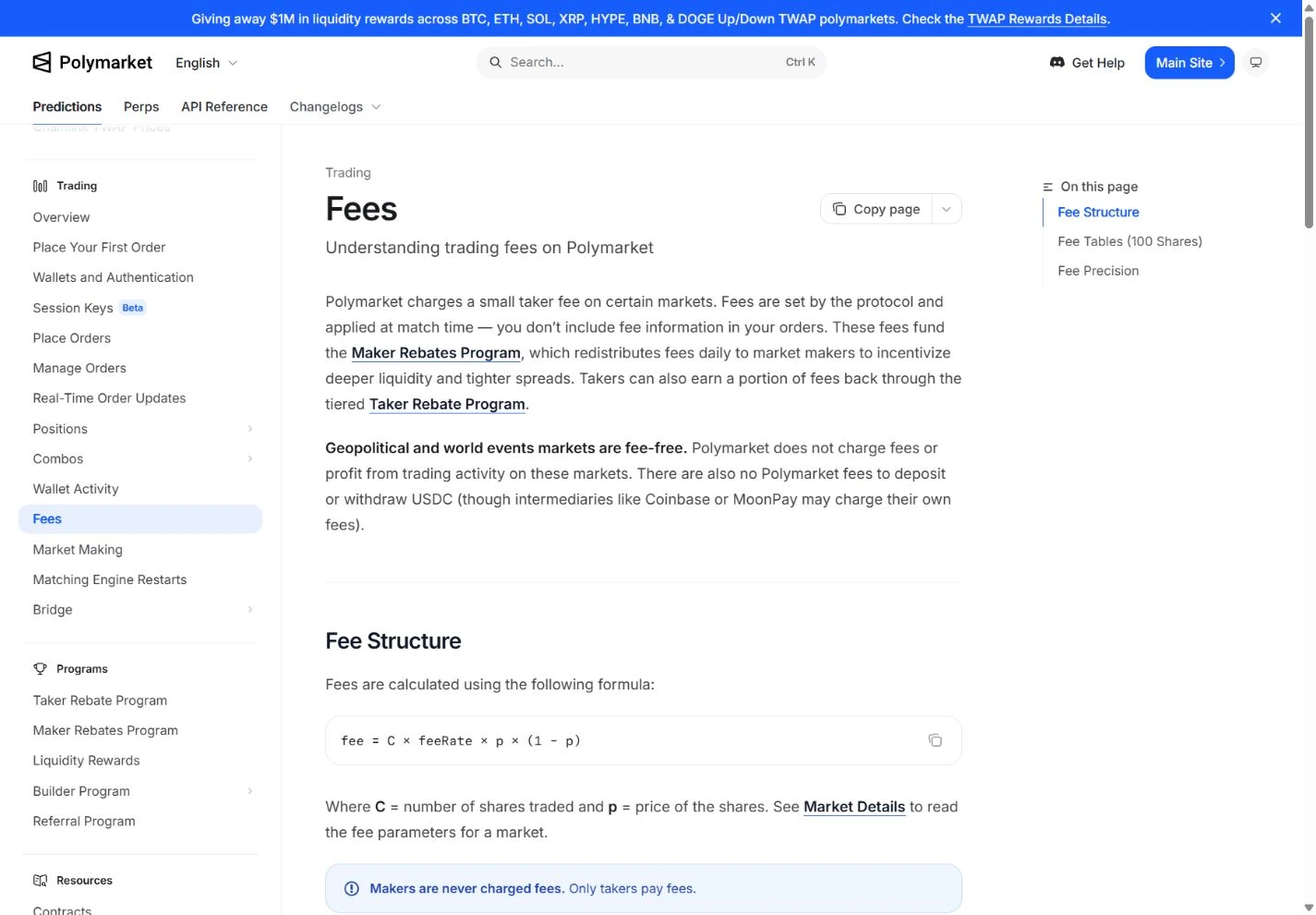 Polymarket fee documentation showing category-dependent taker fees and maker treatment