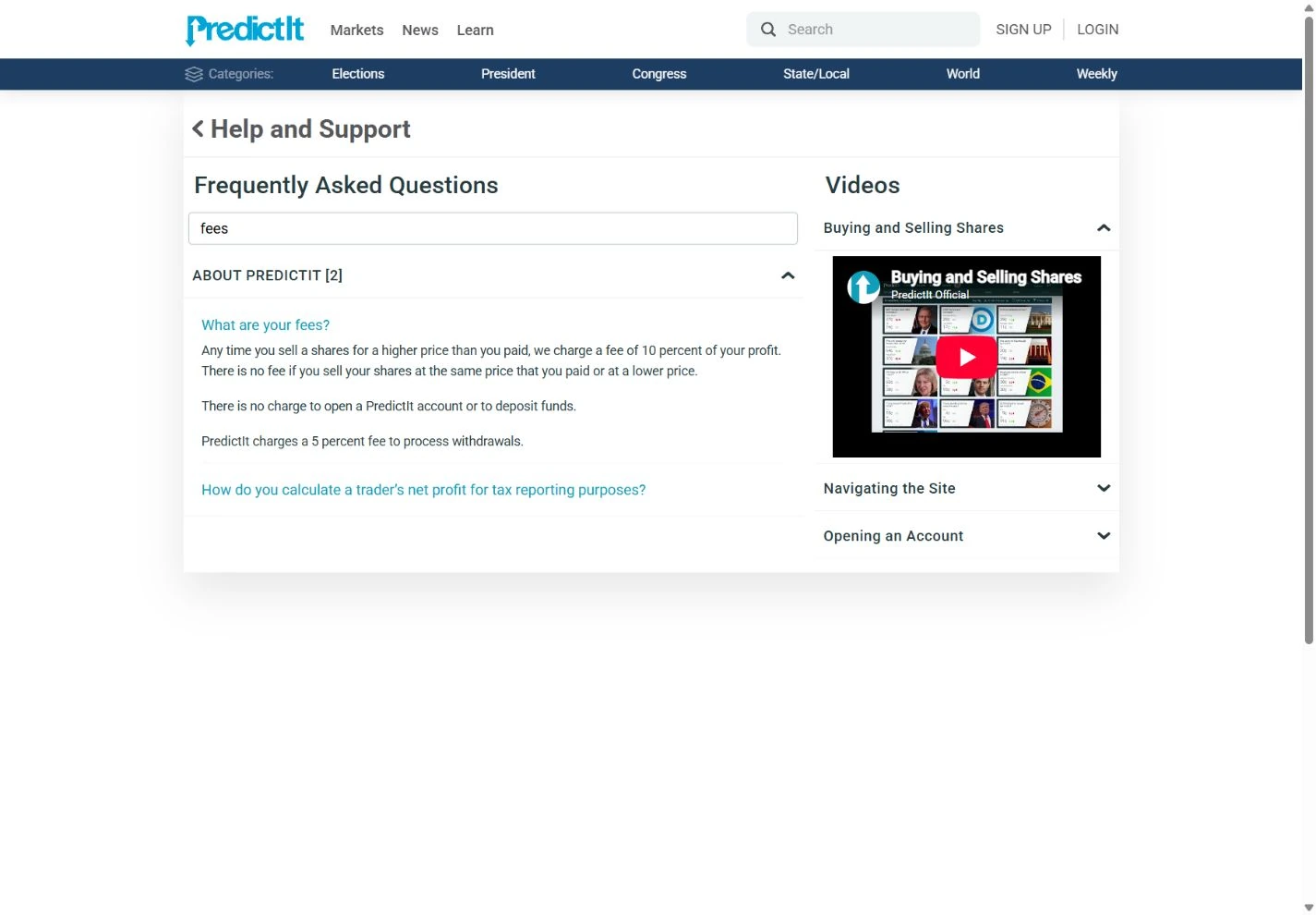 PredictIt FAQ search result showing the stated profit and withdrawal fees