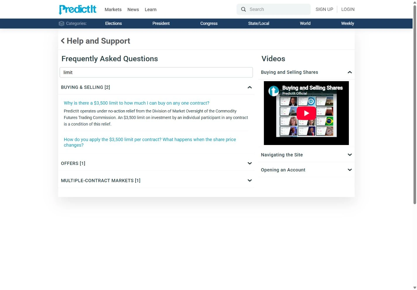 PredictIt FAQ search result showing the stated contract limit and no-action relief condition