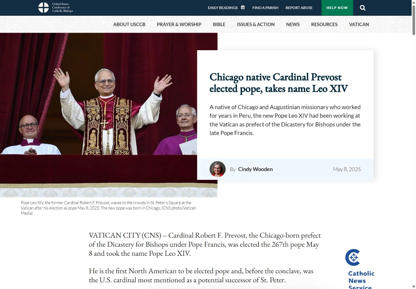 USCCB report dated May 8 2025 confirming Cardinal Robert Prevost was elected Pope Leo XIV