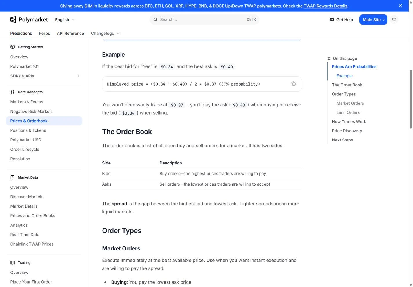 Polymarket documentation showing a worked probability-price example and the start of an order-book explanation