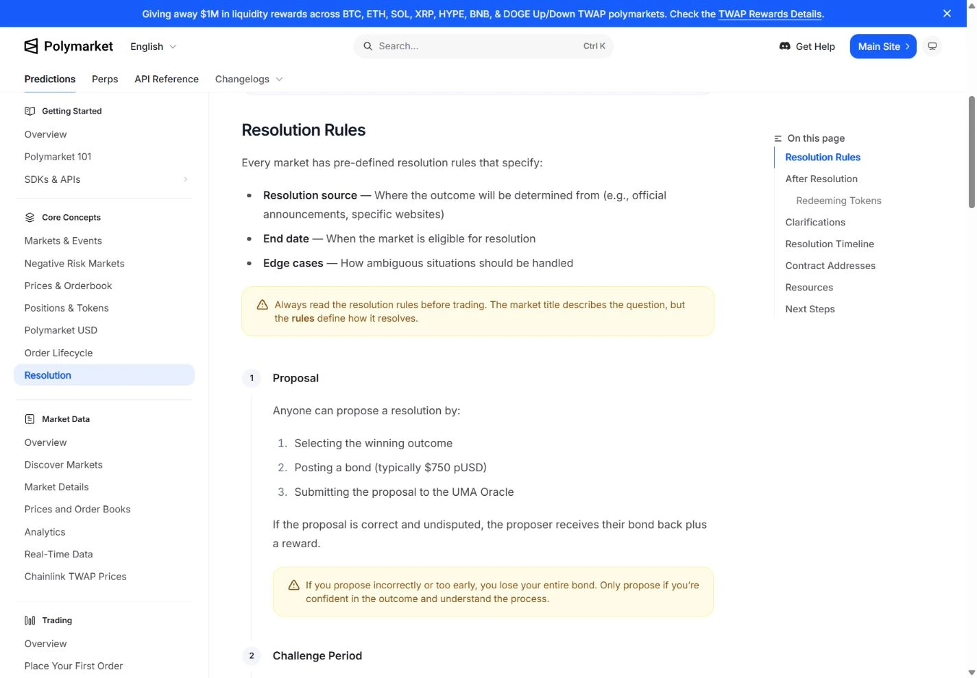 Polymarket resolution documentation listing resolution sources, end dates, and edge cases