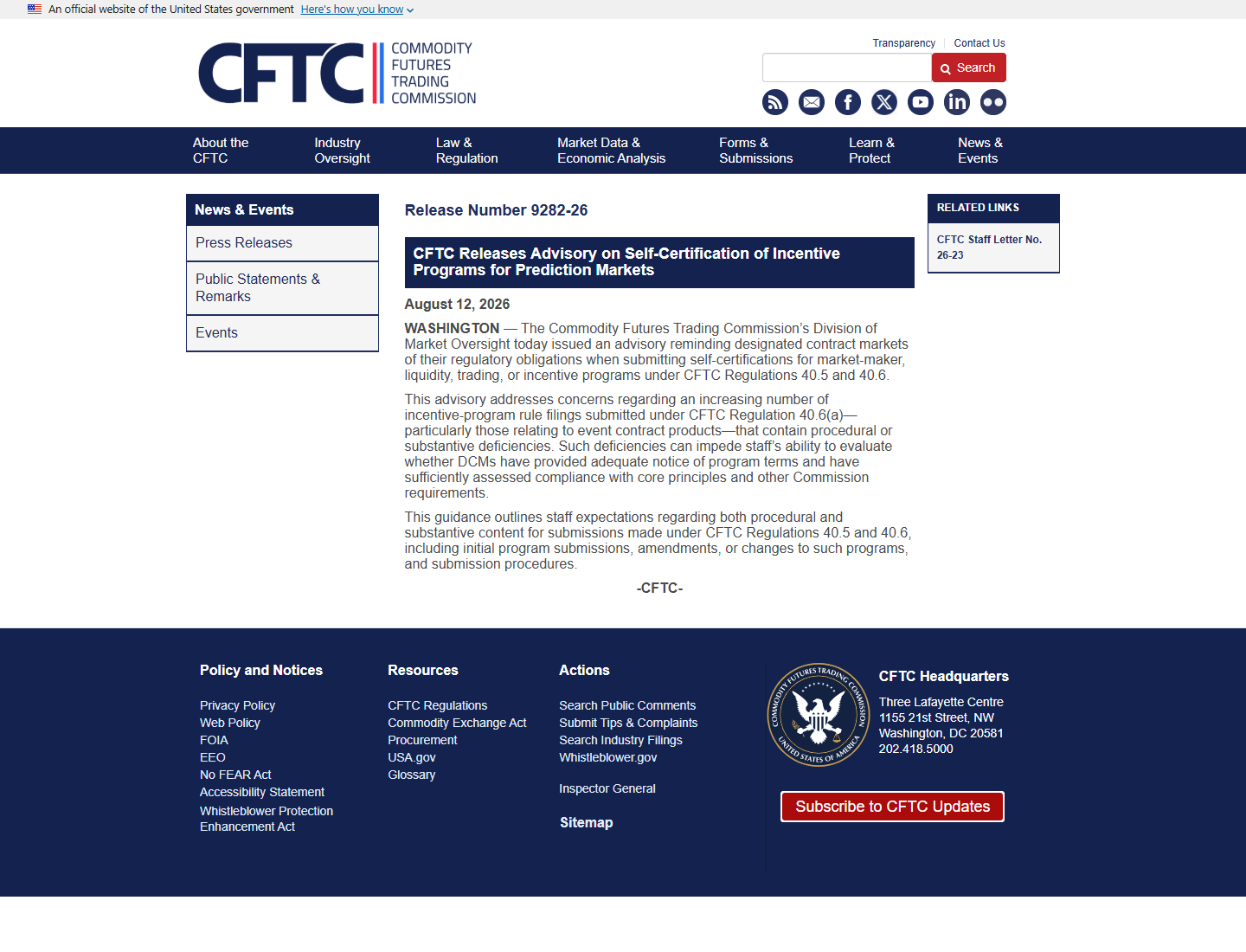 CFTC Release 9282-26 showing the prediction-market incentive program advisory and August 12, 2026 date