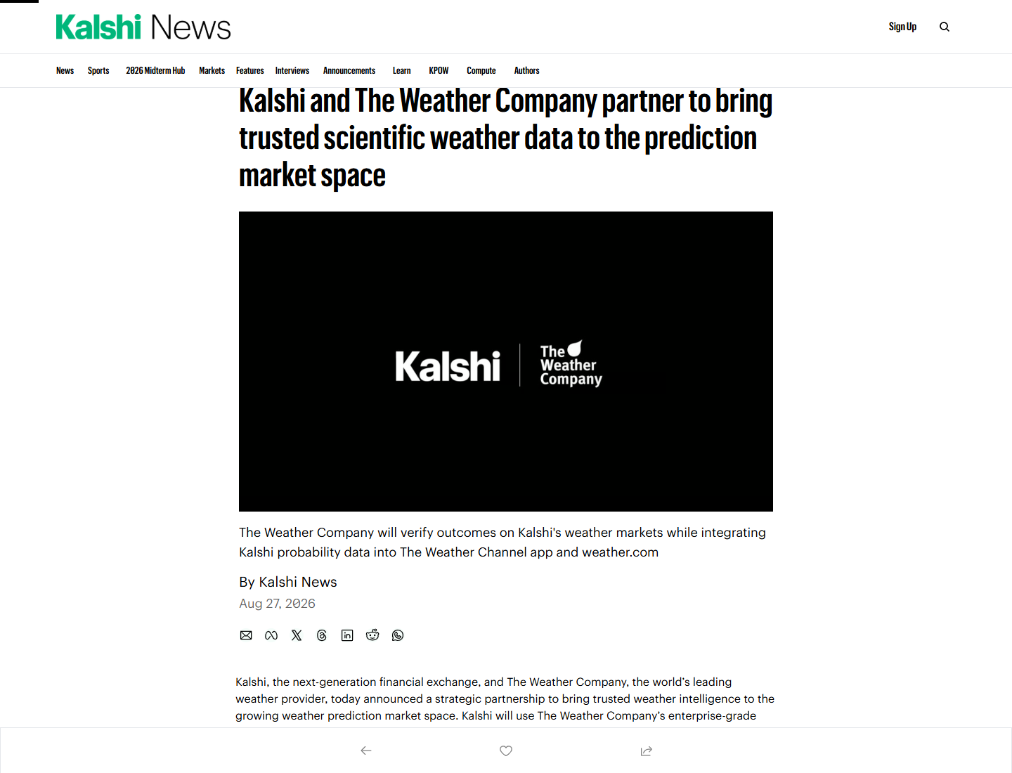 Kalshi News announcement showing The Weather Company partnership headline, summary, and August 27, 2026 date