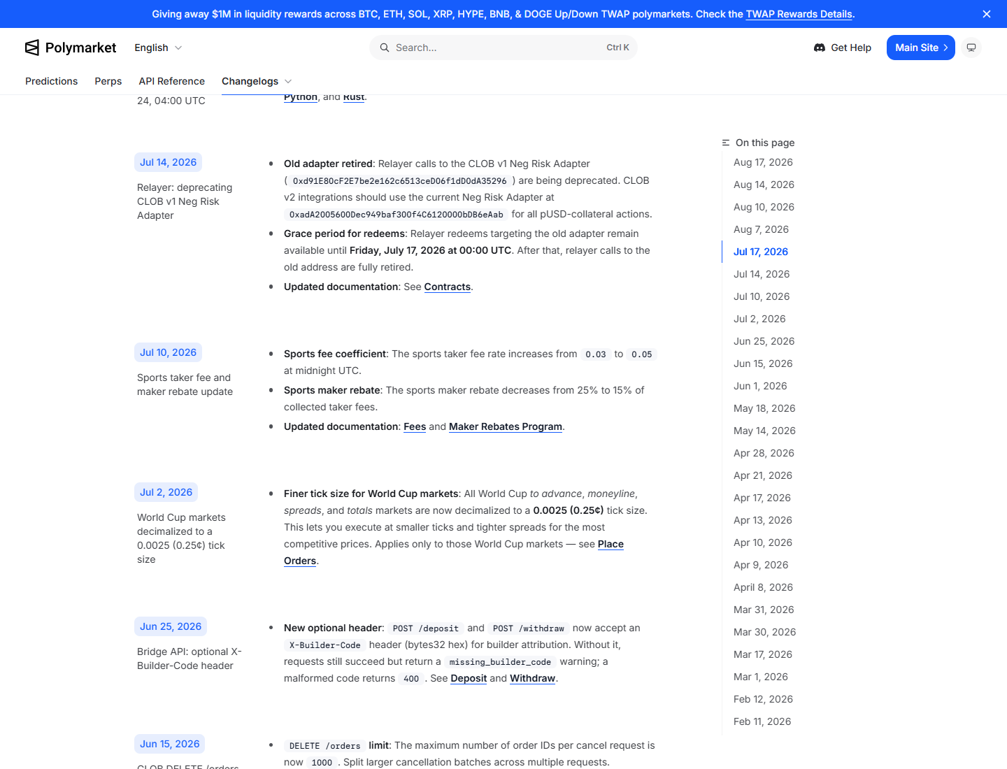 Polymarket Predictions Changelog showing the July 10, 2026 sports taker fee and maker rebate update