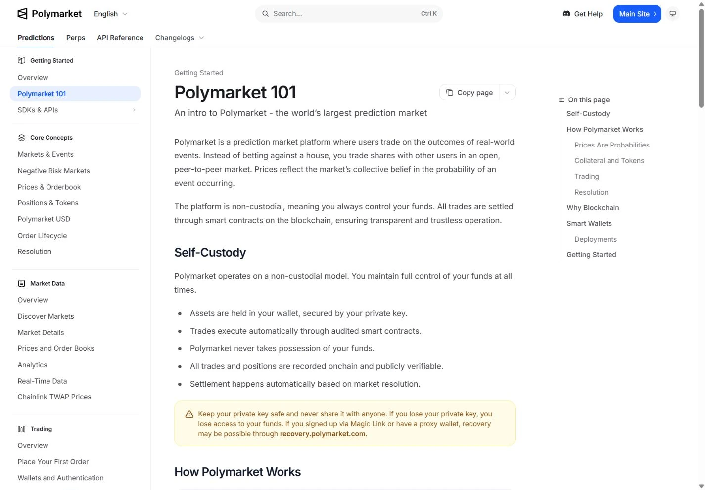 Polymarket 101 documentation explaining prediction markets, binary outcomes, and self-custody