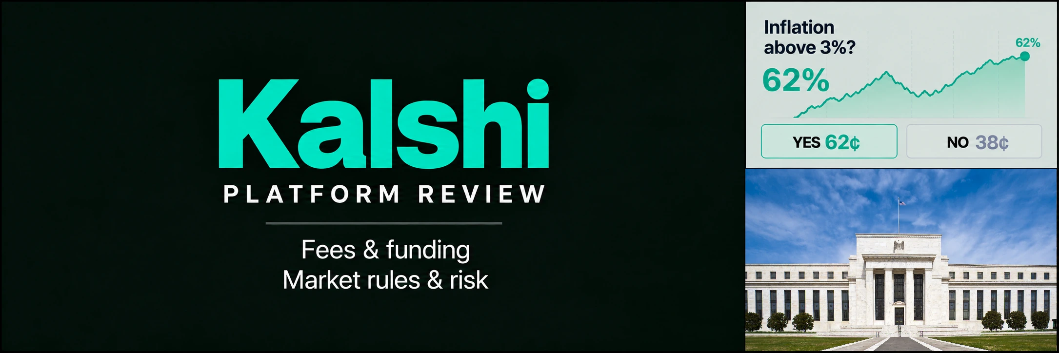Kalshi platform review hero illustration with an inflation probability chart, YES and NO contracts, and an authentic photograph of the Marriner S. Eccles Federal Reserve Building.