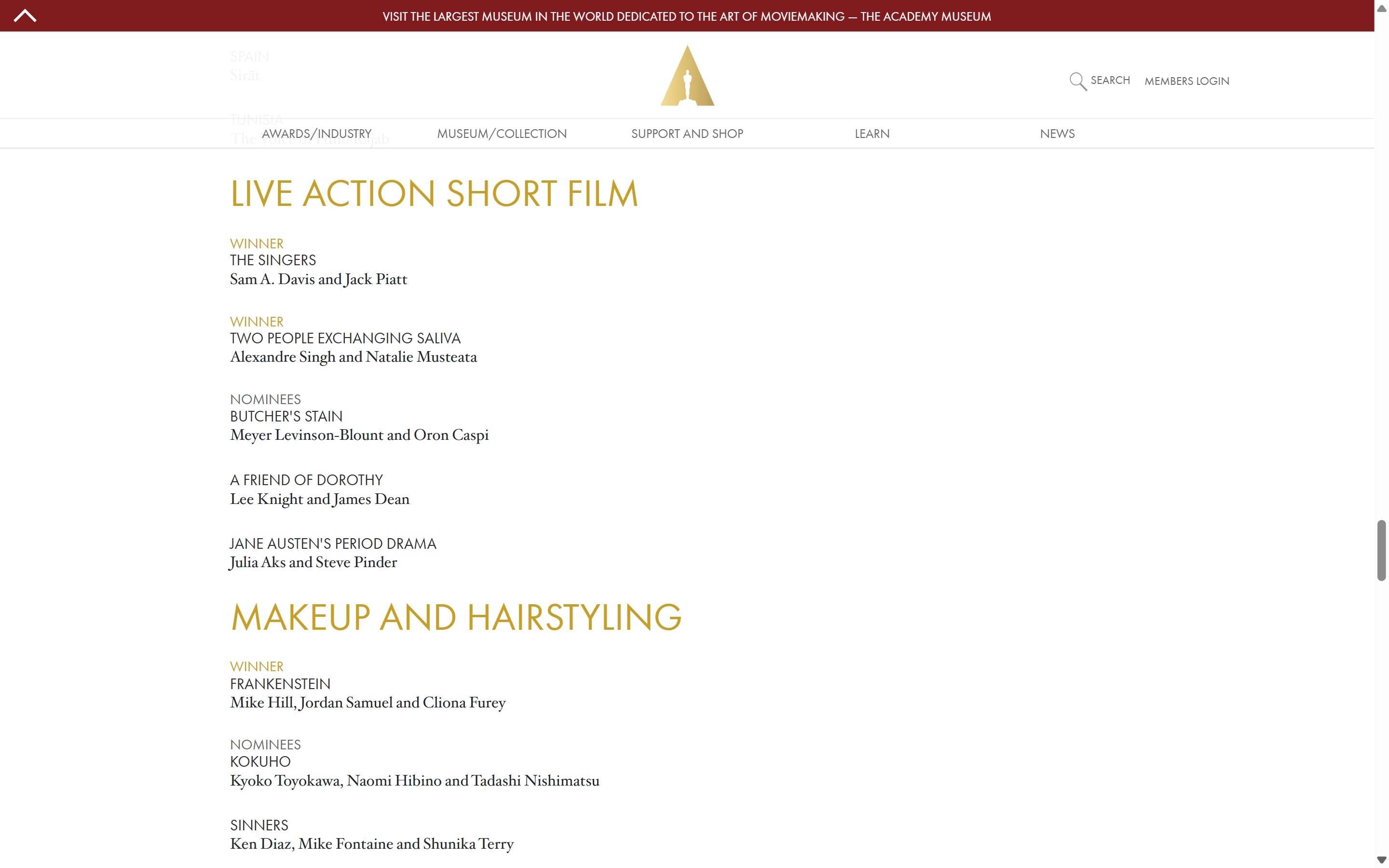 Academy results listing The Singers and Two People Exchanging Saliva as Live Action Short Film winners