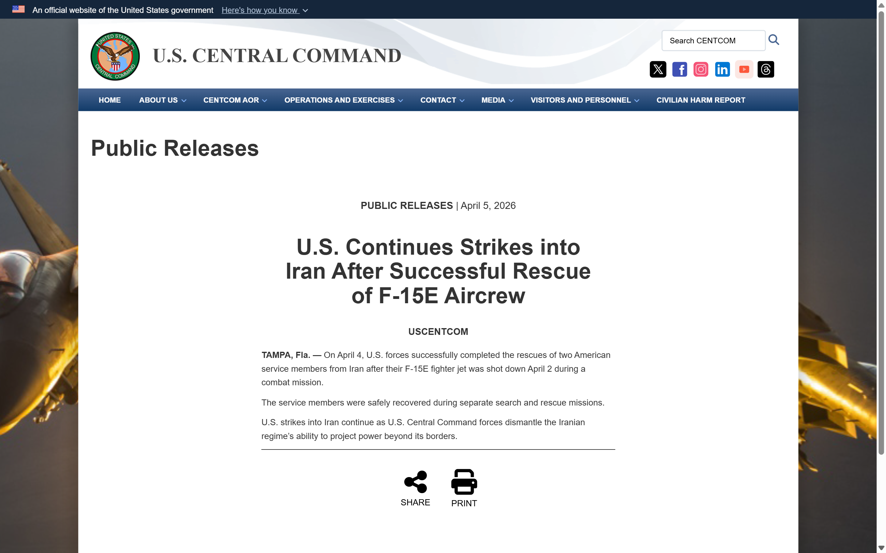 CENTCOM public release dated April 5, 2026: rescue of two F-15E crew members from Iran completed April 4