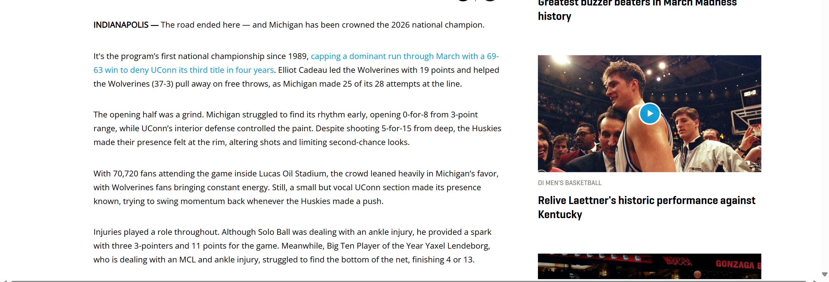 NCAA report recording Michigan’s 69–63 win, 37–3 record and 70,720 spectators at Lucas Oil Stadium